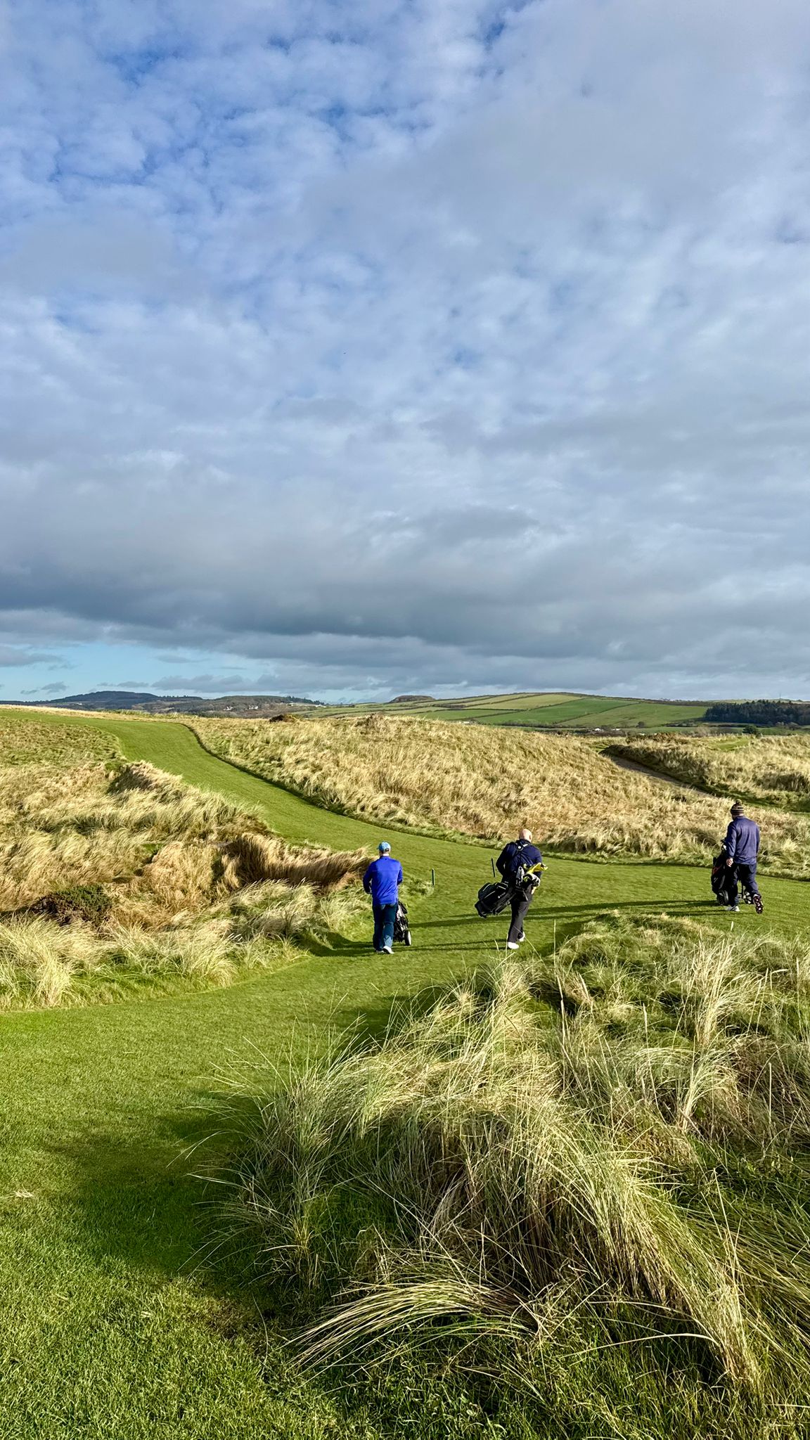 Three people playing golf on a grassy field with a cloudy sky.